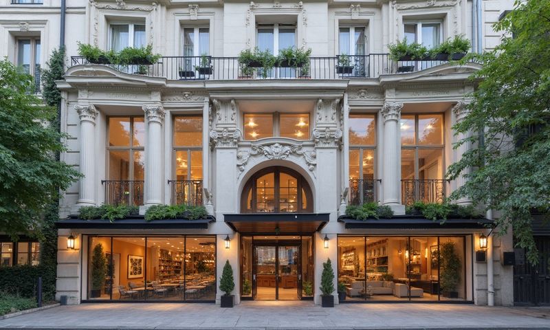 Vue extérieure de l'Hotel Truc au crépuscule